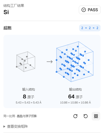结构变换结果：PASS，8 个原子扩展为 64 个原子，晶格边长从 5.43 Å 变为 10.86 Å