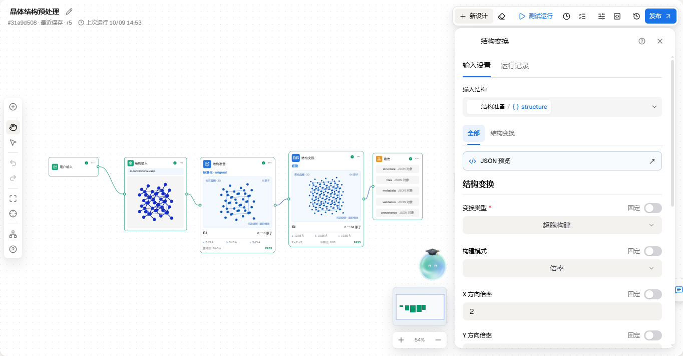 硅结构预处理工作流的节点连接，以及选中结构变换节点后的参数面板